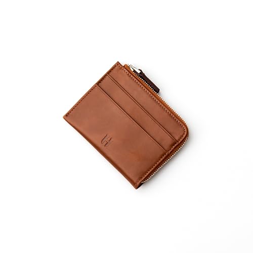 RFID Blocking Zipper Wallet, Slim Business Card Holder, Men & Women, Handcrafted Full-Grain Leather, Gift Box & Pouch, Christmas & Birthday, Tan