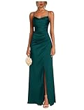 BessDress Elegant Satin Bridesmaid Dress Long Formal Gown with Front Slit Ruched Mermaid Wedding Guest Dresses Teal 10