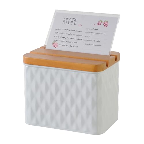 HOME PALETTE Recipe Box with Cards and Dividers Set 4x6 Recipe Holder for Kitchen Counter Metal White Diamond Pattern Embossed Recipe Card Box with Wooden Grooved Lid