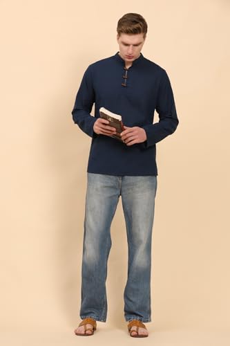 Image of Amazon Brand - Anarva Men's Cotton Linen Solid Kurta Long Sleeves Wooden Button Regular Casual Shirt