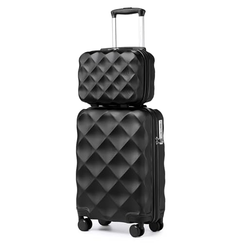 British Traveller Set de 2 Valise Cabine+Vanity Case Rigide, Valise Rigide Ultra Légère, Valise de Voyage avec roulettes 4x360 degrés et Serrure TSA (Noir)