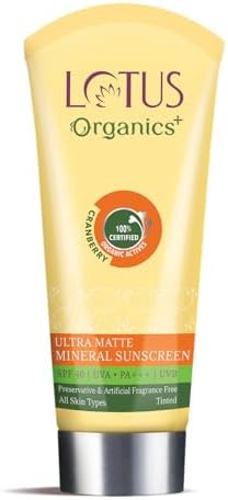 Lotus Organics+ Ultra Matte Mineral Sunscreen | SPF 40 PA+++ | 100% Certified Organic Cranberries | Water & Sweat Resistant | For Oily, Dry, Normal and Combination Skin | For Women and Men | 100g