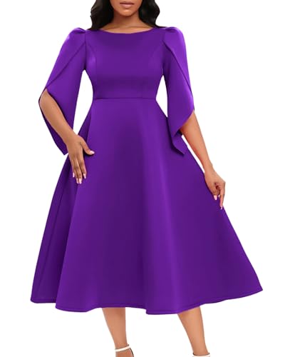 SOMTHRON Women's Elegant 3/4 Petal Sleeve Long Maxi Dress Crewneck A-Line Pleated Swing Formal Cocktail Party Dress2