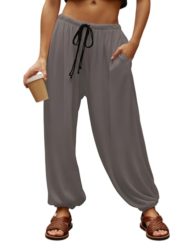 Majdan Women's Wide Leg Baggy Pants Casual Drawstring Elastic Waist Lounge Harem Pants with Pockets (Darkgrey-S)
