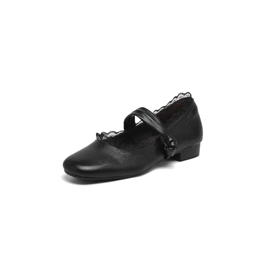 Mary Jane Flats for Women Lace Closed Round Toe Flats Strap Low Block Heel Shoes Elegant Dressy Shoes