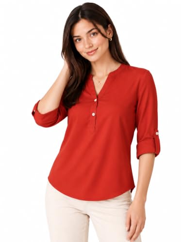 Image of FYLTR Women's Casual Roll -Up Sleeves Rayon V-Neck Top - Western Tops | Shirts for Women | Soft & Comfortable | Tops for Jeans