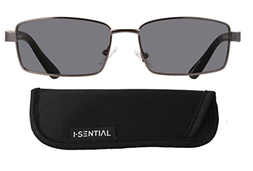 I-Sential Rectangle Reading Sunglasses Gunmetal Grey & Black Spring Temples Mens Womens UV400 Sun Readers Tinted Glasses & Case +2.0