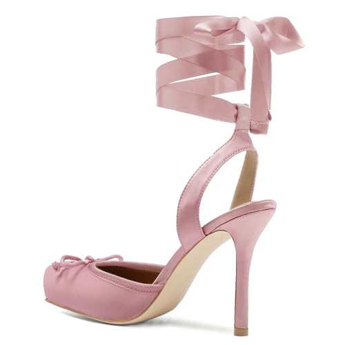 Image of Riekhany Satin Ballet Heels for Women Closed Square Toe Bow Ballerina Heels Lace Up High Heel Slingback Pumps Strappy Stiletto Mary Janes Elegant Party Shoes