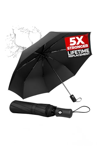 Windproof Travel Umbrella - Compact Light Full Automatic Open/Close - Folding Backpack Umbrella for Rain & Sun UV Preotection For Men & Women Unbreakable 8 Fiberglass Ribs UK Design (Black)