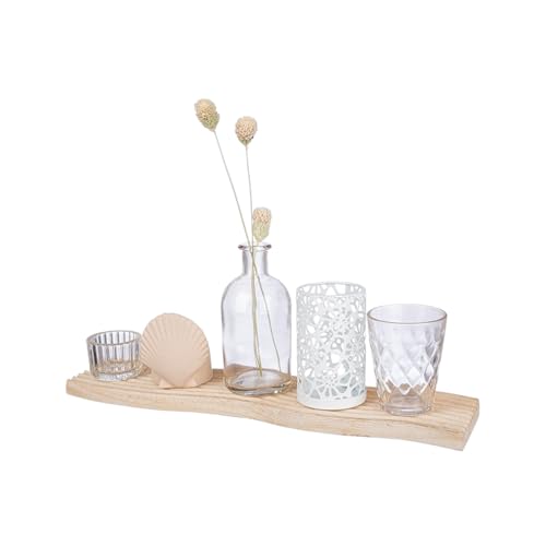 GILDE 6 teiliges Geschenkset Meeresdeko – Beach Deko Teelichthalter Glas Keramik Muschel mit Tablett kleine Vase Trockenblumen – Teelichthalter Set mit Tablett -Tischdeko Wohnzimmer modern