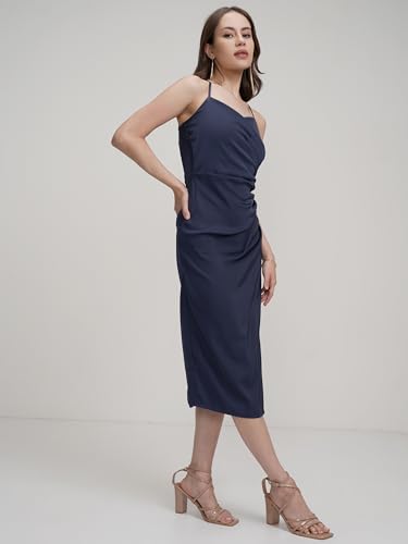 Image of Tokyo Talkies Women's Elegant Ruched Strappy Sheath Midi Dress with High Slit A Chic Statement for Evenings & Special Occasions