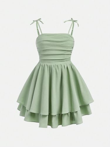 Image of SHENHE Girl's Smocked Ruched A Line Swing Dress Layered Tie Shoulder Flowy Cami Short Dress