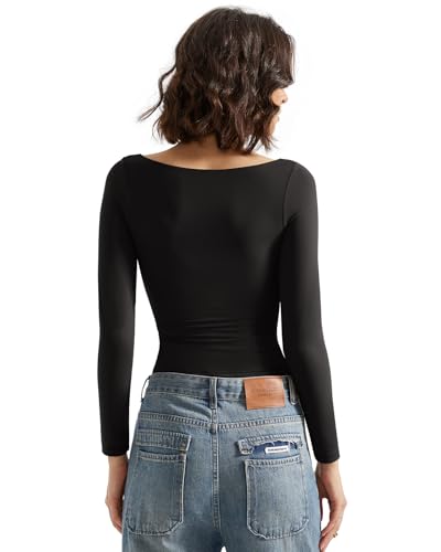 SUUKSESS Women Crew Neck Long Sleeve T Shirts Double Lined Tight Fitted Crop Top4