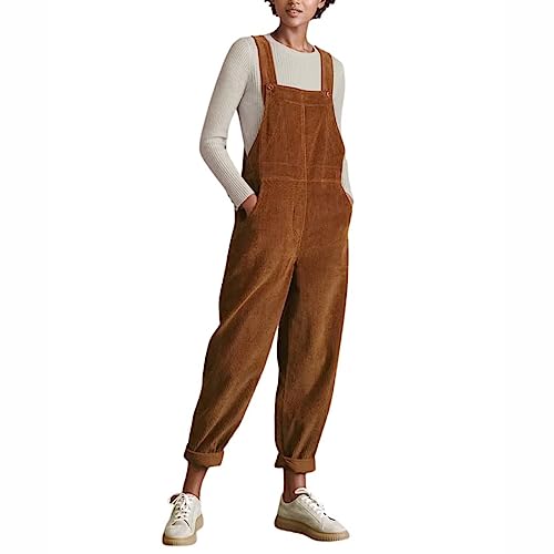 MOLUCI Salopette Décontractée en Velours Côtelé pour Femmes Couleur Unie Pantalon Fuselé Combinaison avec Poches,Marron,L