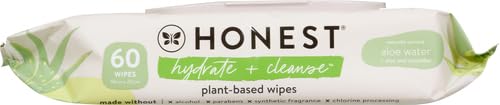 Image of The Honest Company Hydrate and Cleanse Naturally Scented Wipes, Cleansing Multi-Tasking, 99% Water, Plant Based, Hypoallergenic, Aloe Cucumber, 60 Count (Pack of 12)