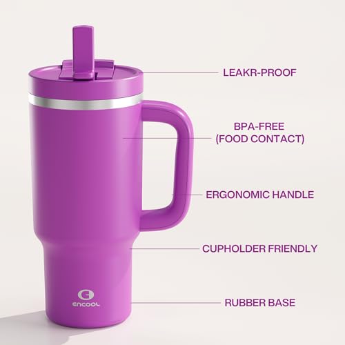 Image of 32 oz Tumbler with Handle and Straw: Stainless Steel Insulated Tumbler Keeps Cold for 24 Hours, Leakproof Travel Cup Fits in Cup Holder and BPA-Free,Bright Magenta