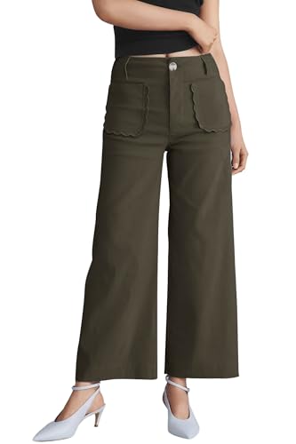 Women's Wide Leg Pants Button Down High Waisted Loose Fit Cropped Hem Trousers with Pockets Casual Work Business Pants