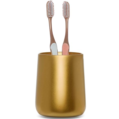 Yew Design Gold Toothbrush and Toothpaste Holder and Cup for Bathroom Vanity and Countertop Round Organizer for Electric Toothbrushes Floss Razors Cotton and Mouthwash