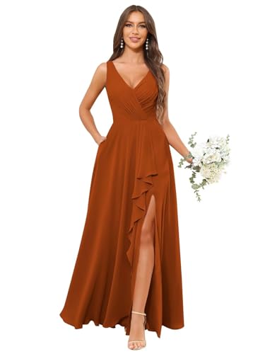 Image of HANVAIOS Long Chiffon V Neck Bridesmaid Dresses for Women Formal Dress with Pocket