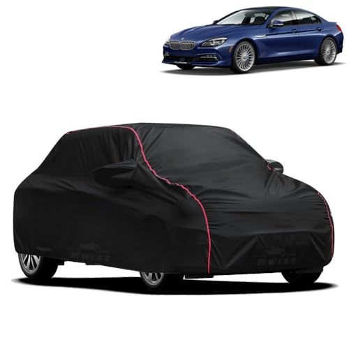 Image of Waterproof Car Cover for BMW Alpina B6 | All-Weather Protection, Dustproof & UV Resistant | Triple Stitched Mirror Pockets, Windproof Buckle Strap with Elastic Hem, Black-Red Piping
