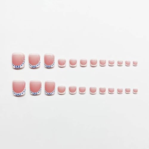 Image of 48 Pcs French Tip Press on Nails & Press on Toenails Set Square Fake Nails with Bohemia Design White Blue Glue on Nails Glossy Artificial Acrylic Full Cover False Toe Nails for Women Summer Manicure