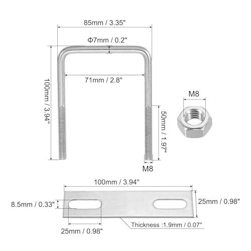 Image of PATIKIL M8x70x100mm Square U-Bolts Kit, 4Set 304 Stainless Steel Square U Shaped Bolts Replacement Parts with Frame Plates and Nuts for Ski Board Sailboat Trailer