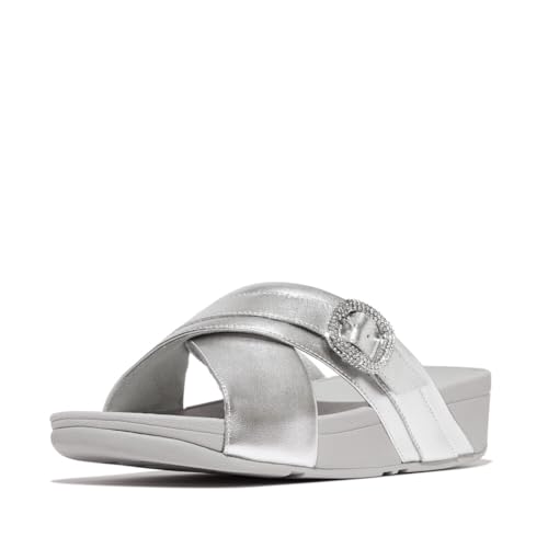 Image of FitFlop Women's Lulu Crystal-Buckle Leather Cross Slide Sandal