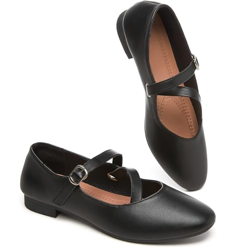 Womens Mary Janes Flats Shoes with Cross Strap,Soft Memory Foam Ballet Flats for Women,Black and White Dress Shoes