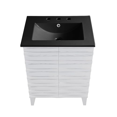 Image of Swiss Madison Cascade 24 in. White Oak Bathroom Vanity with Black, 3-Hole Ceramic Sink Top