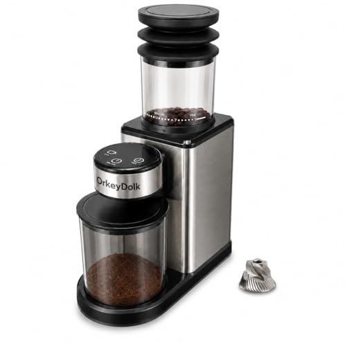 OrkeyDolkElektrische Kaffeemühle mit Kegelmahlwerk 25 Mahlgrade für Espresso Filter & Mokka Leise Kaffeemühle mit 212 Tassen Edelstahl-Mahlwerk LED-Display