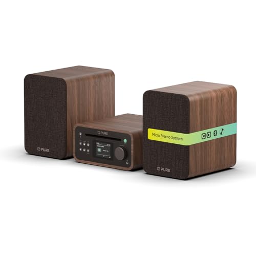 Pure Classic Stereo Mini Mikro HiFi Anlage mit CD-Player DAB+ Radio Bluetooth 5.3 USB AUX Kopfhöreranschluss Fernbedienung 40 W Stereo Holzoptik – Kaffeebraun/Walnuss
