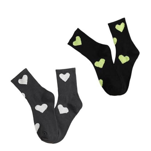 QFSH 2Pcs Cute Grey Black Mid Calf Heart Patterned Athletic Socks for Men Women