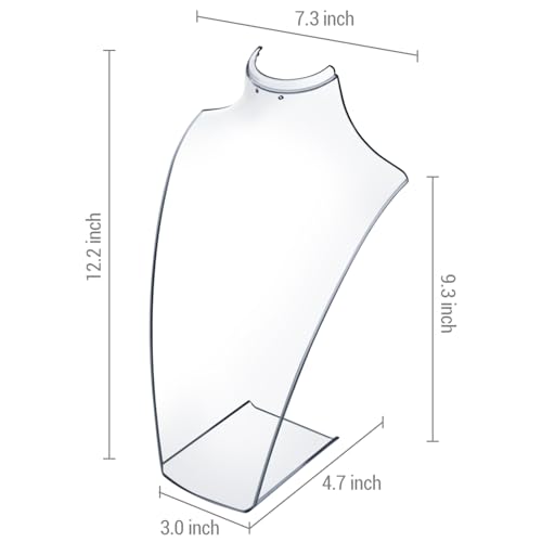 MyGift 12 Inch Clear Acrylic Necklace and Earring 3D Bust Jewelry Display Stand, Tabletop Neck Form Base Chain Holder for Home or Retail Showcase, Set of 2