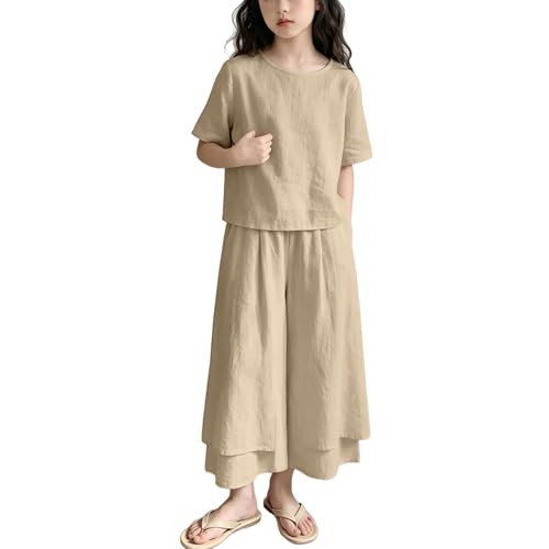 Ensemble fille en lin contre la chaleur : haut manches courtes et culotte fluide jambes larges