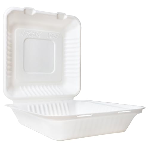 350 Count - Biodegradable 9x9 Take Out Food Containers with Clamshell Hinged Lid - Eco Friendly Sugarcane Bagasse 100% Compostable, Recyclable, ToGo, Restaurant Carry Out, Party Take Home Boxes