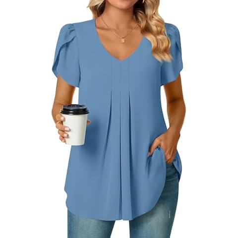 Bestbee Womens Dressy Chiffon Blouses 2025 Summer Tops Pleated Tunics V Neck Petal Short Sleeve Shirts Casual T-Shirts, L, Blue Cover