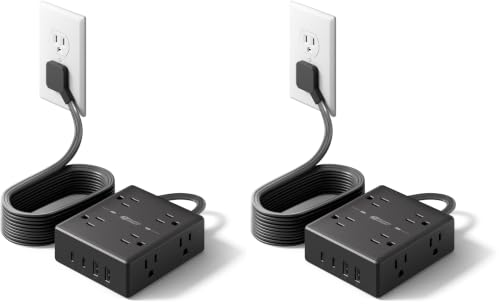 Image of SUPERDANNY Extension Cord,Flat Plug Surge Protector Power Strip,10Ft (Pack of 2)