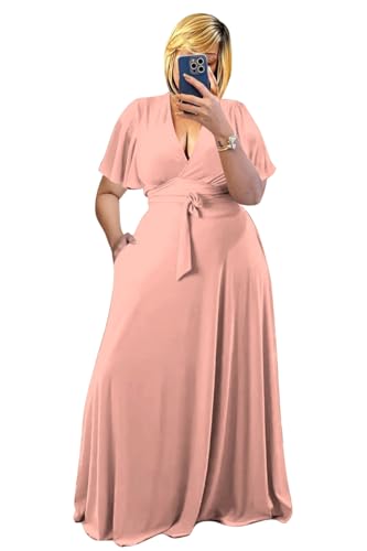 Image of Plus Size Women's 2 Piece Outfits Casual Short Ruffle Sleeve Wrap Crop Top Maxi Long Dress Flowy Matching Sets