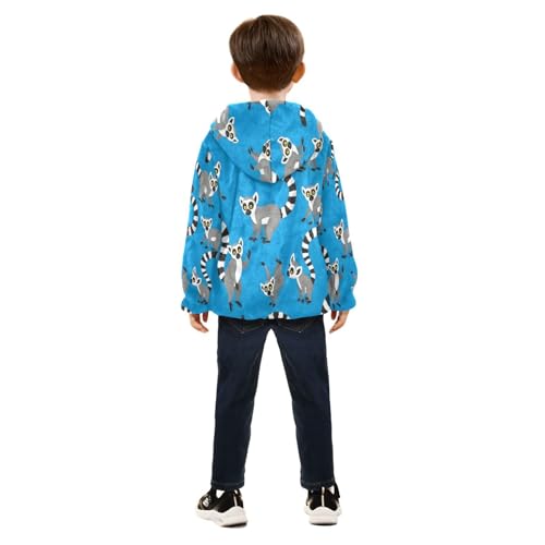 Cute Lemur Pattern on Blue Toddler Fleece Jacket Girl Boys Hooded Fleece Jacket Coat Warm Outwear Zip-up 3-10T4