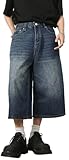 PADOLA Vaqueros Cortos para Hombres Baggy Jeans Shorts Y2K Pantalones de Skate Hip Pop Bermuda Pantalones Cortos(S,Azul)