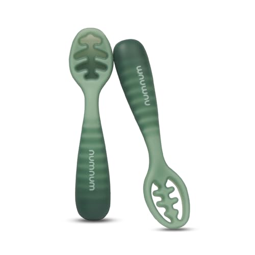 Image of NumNum Baby Spoons Set, Baby Essentials Pre-Spoon GOOtensils for 12+ Months, First Stage Self-Feeding Spoons for Baby Led Weaning (BLW), Silicone Toddler Utensils, BPA-Free, 2 Pack Green