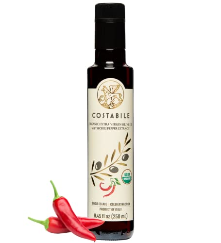 Hot Chili Oil. Extra Virgin Olive Oil from Italy Infused with Spicy Red Peppers. Organic Spicy Chili Dressing Perfect for Pizza, Pasta, Meat, Bruschettas - COSTABILE 8.45 Fl.
