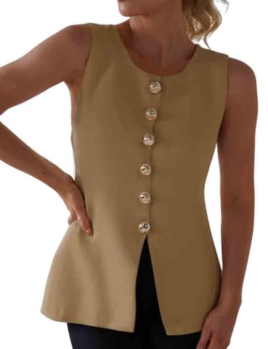 Womens Sweater Vest Button Down Sleeveless Cardigan Sweater 2025 Summer Trendy Casual Knit Tops Khaki2