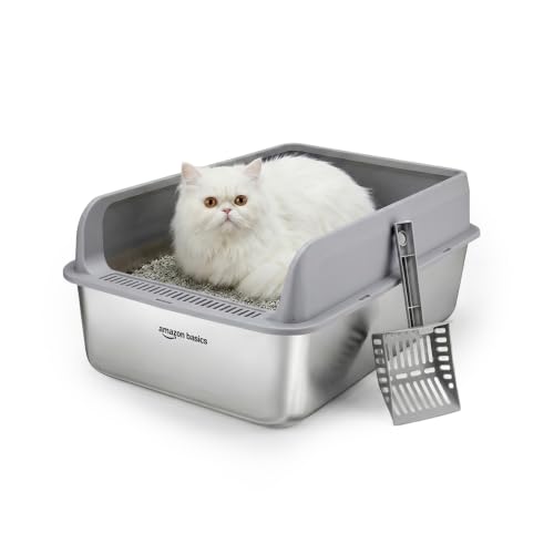 Image of Amazon Basics Stainless Steel CAT Litter Box with Elevated Anti-Splash PP Guard Gray Open-TOP Easy-Clean Litter Tray for Cats 60.0 (L) x 37.8 (W) x 24.4 (H) CM