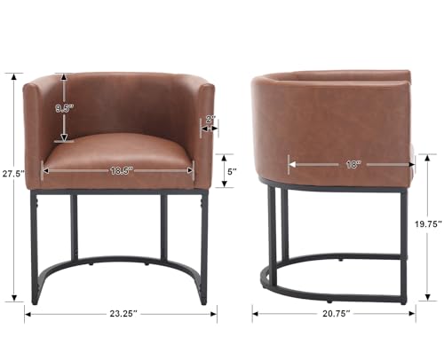 Image of HNY Mid Century Modern Upholstered Barrel Dining Chairs with Arms Set of 4, Leather Kitchen & Dining Room Chairs, 18.5 inch Wide Accent Chairs for Dining Room Living Room with Black Metal Frame, Brown