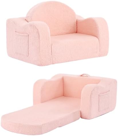 Tiita Kids Chair Couch, Folding Toddler Comfy Sofa Chairs, 2-in-1 Kids Plush Sofa Fold Out, Baby Armrest Chair Sofa to Lounger, Convertible Play Sofas for Girl or Boy, Pink