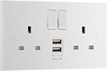 BG Electrical Double Switched Power Socket with Two Type A USB Charging Ports, 13 Amp, 12 Watts, White Moulded, Square Edge