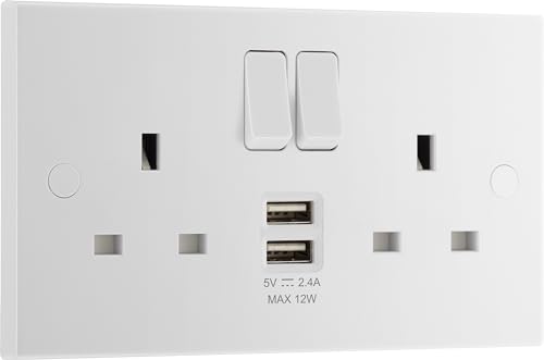 BG Electrical Double Switched Power Socket with Two Type A USB Charging Ports 13 Amp 12 Watts White Moulded Square Edge