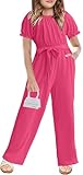 Cudtum Girls Jumpsuit Kids Fashion Short Sleeve Round Neck Belted Wide Leg Romper One Piece Outfits for 5-14 Years