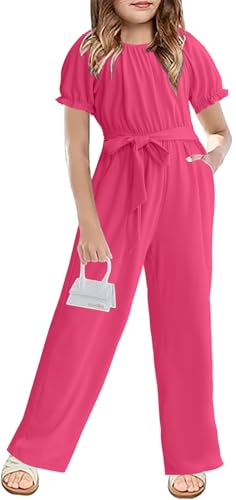 Cudtum Girls Jumpsuit Kids Fashion Short Sleeve Round Neck Belted Wide Leg Romper One Piece Outfits for 5-14 Years